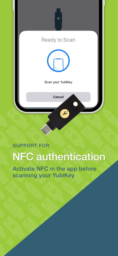 Smartphone screen showing a prompt to scan a YubiKey for NFC authentication