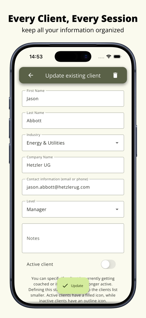A mobile interface for ICF coaches to update existing client details including name, industry, company, and contact information.