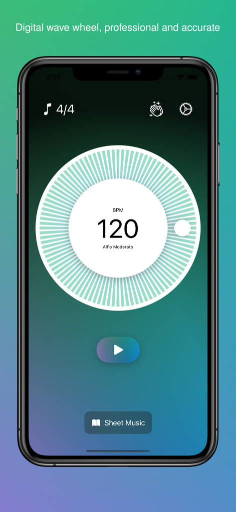 Metronome - Metronome Pro - iPhoneに表示されたMetronome Proアプリのインターフェースで、120 BPMに設定されたデジタルテンポホイールが表示されている
