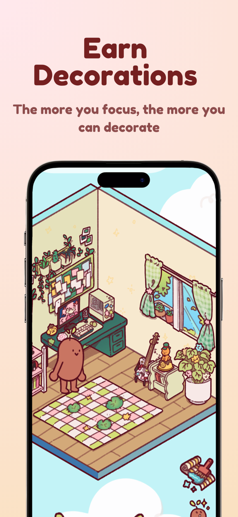 Focus Friend, by Hank Green - Focus Friendアプリで、植物や家具で飾られた居心地の良いアイソメトリックな部屋にかわいいビーンキャラクターが表示されています。