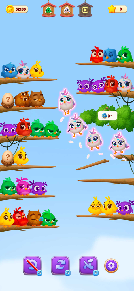 Chirpy Sort: Bird Color Puzzle - A colorful bird sorting puzzle game screen with cute cartoon birds on tree branches and a blue sky background