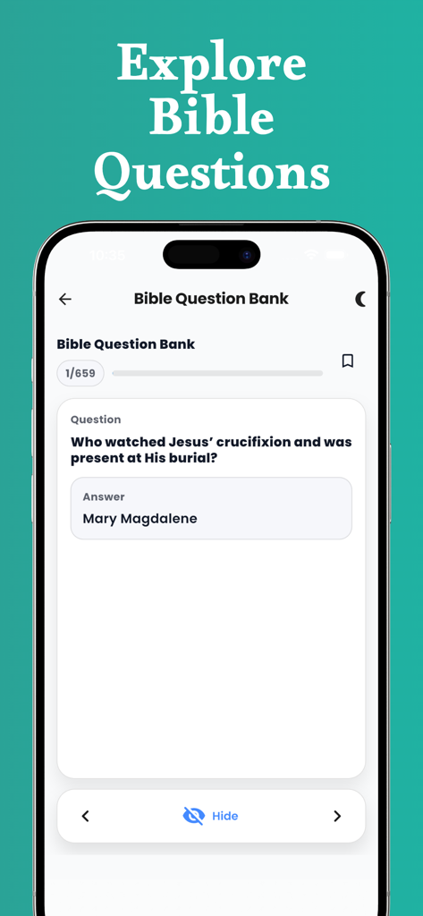 Bible Quiz Unlimited & Trivia - Interfaz del banco de preguntas de la Biblia que muestra una pregunta de trivia y respuesta sobre María Magdalena