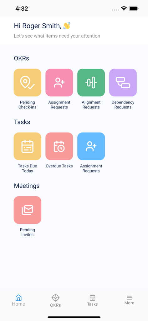 El panel de inicio del software OKR de Profit.co mostrando tareas pendientes de registro e invitaciones a reuniones para gestión profesional.