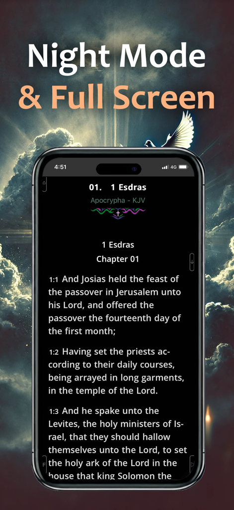 Bible app showing night mode and full screen reading for the book of 1 Esdras