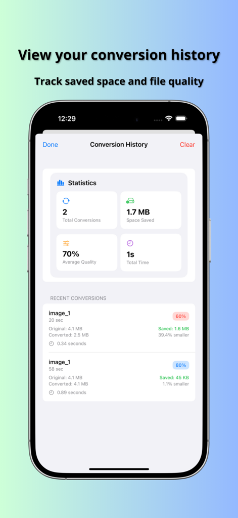The conversion history screen of the app showing statistics for total space saved and details of recent image conversions.