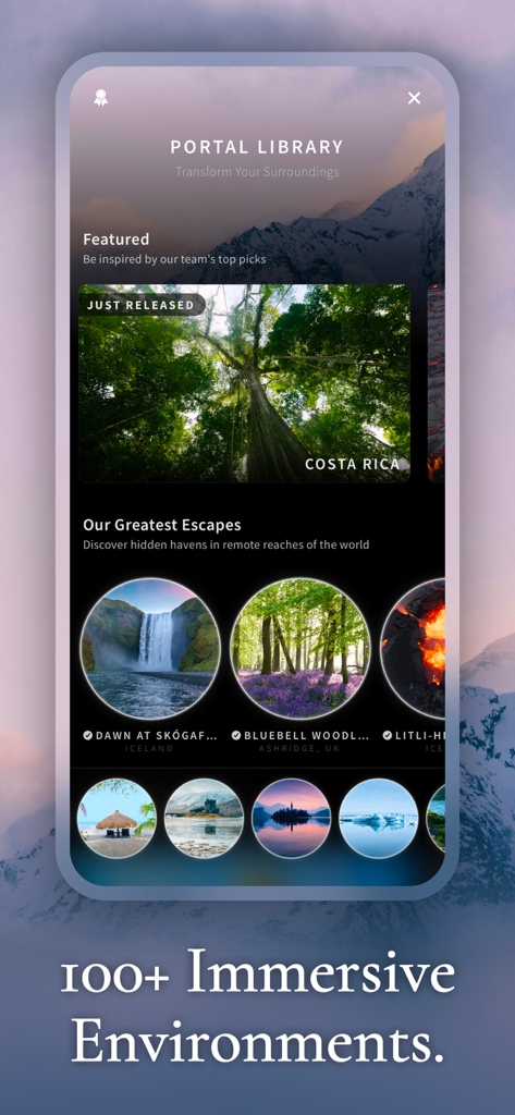 The Portal app library screen showcasing various immersive nature portals and environments