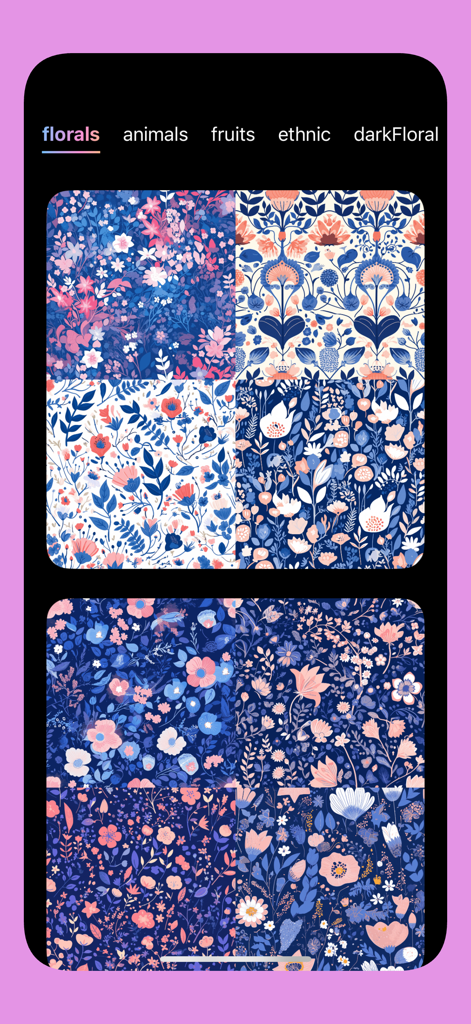 FloralTile -AI flower seamless - Aplicación FloralTile que muestra varios patrones florales en azul y rosa