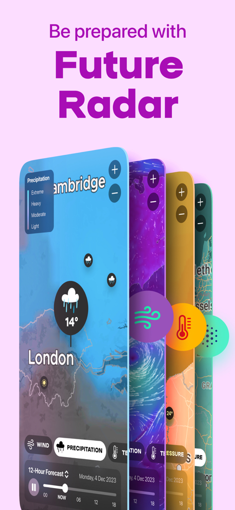A stack of colorful mobile screens displaying the future radar feature with various weather map layers like precipitation and wind