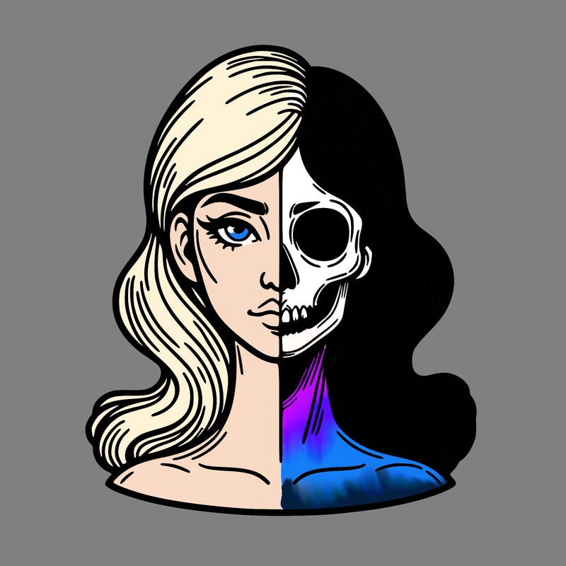 bust of a woman, half face and hair, half skull