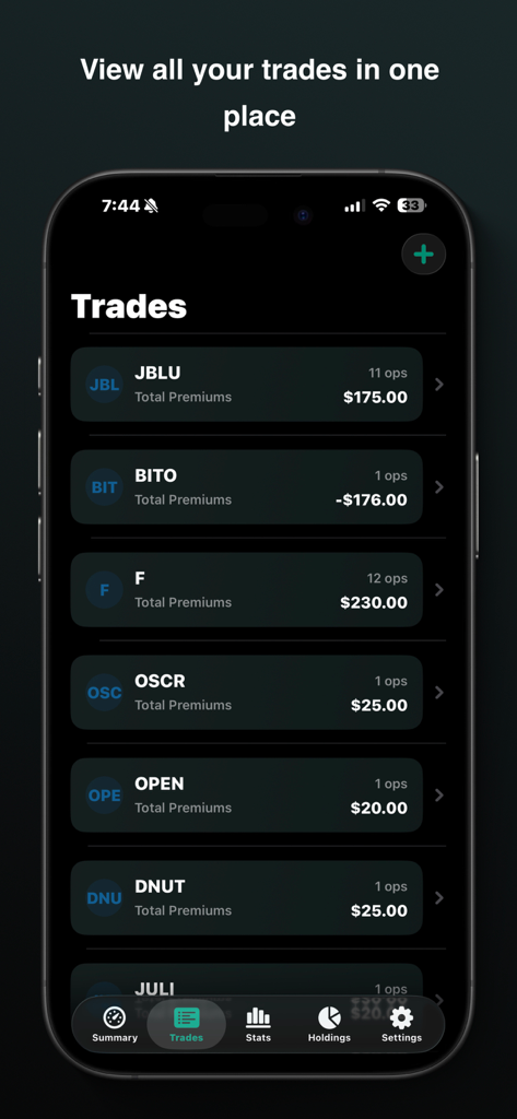 iPhone screen showing a list of options trades and collected premiums in the My Option Journal app.
