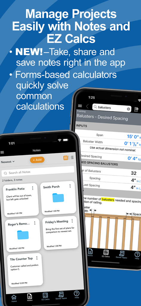 Construction Master Pro Calc - Construction Master Pro app interface showing project notes and an EZ Calcs form for baluster spacing