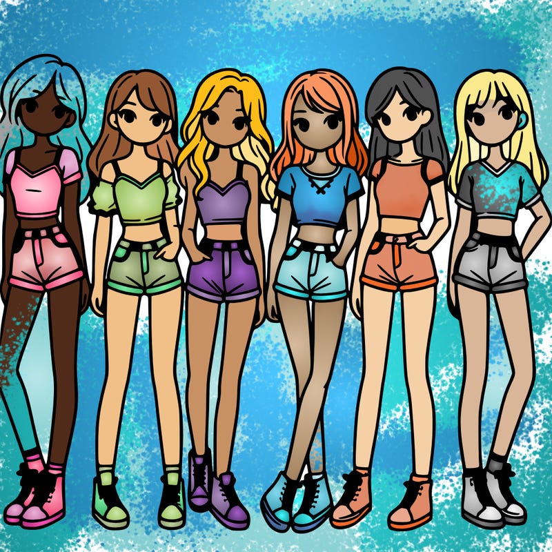 a group of girls wearing crop tops and shorts
