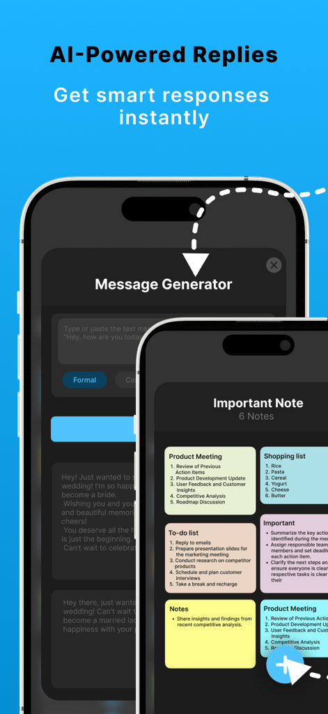 Interfaccia dell'app Tele Messenger che presenta risposte intelligenti AI e organizzatore di note private
