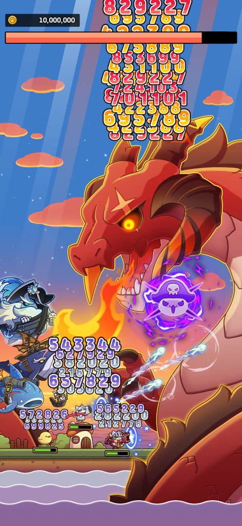 Cat Hero : Idle RPG - Gameplay de Cat Hero Idle RPG mostrando una batalla contra un jefe dragón rojo gigante