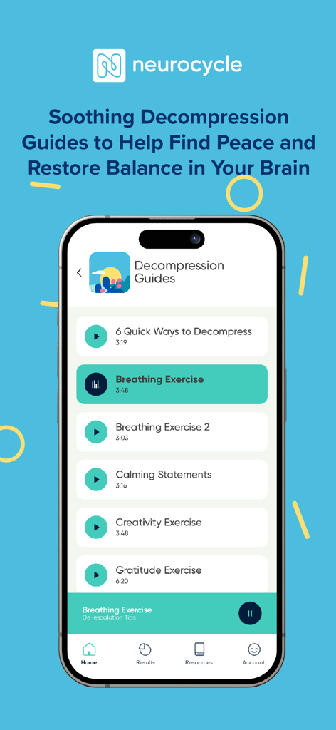 Neurocycle app interface displaying a list of decompression guides including breathing and gratitude exercises