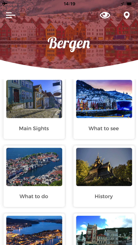 Main menu of the Bergen Travel Guide app showing categories for main sights, what to see, what to do, and history