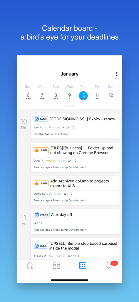 Freedcamp - Bacheca calendario dell'app Freedcamp che mostra una vista dall'alto delle attività del progetto e delle scadenze.