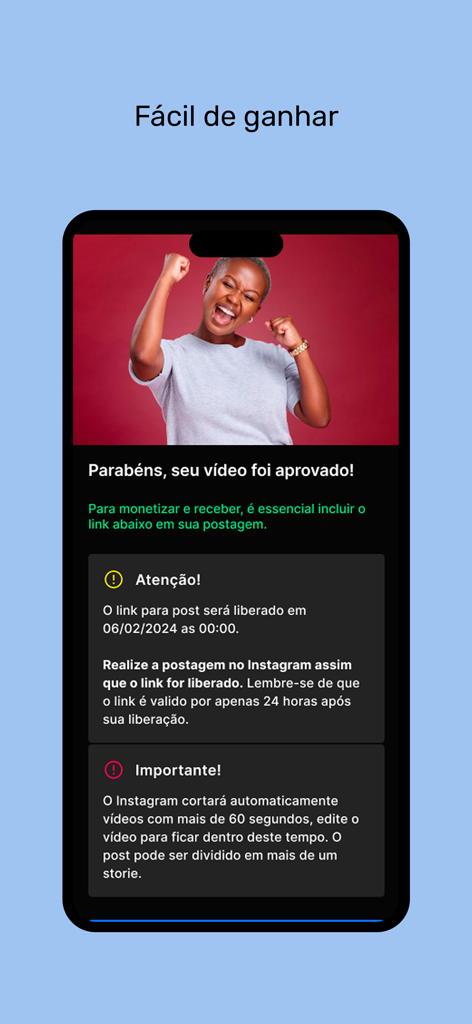 D-Influencers - A mobile screen from the D-Influencers app showing a successful video approval message with instructions for Instagram monetization