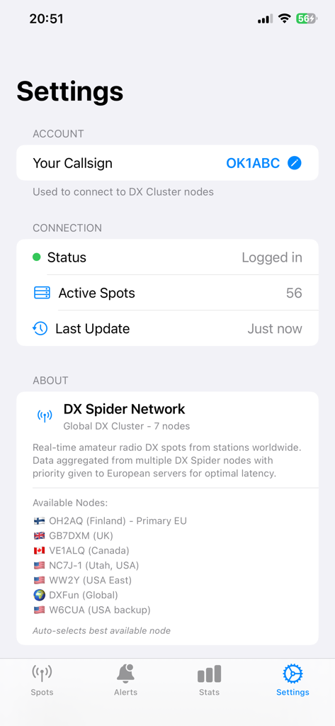 DX Cluster monitor - Settings page of the DX Cluster Monitor app displaying amateur radio callsign configuration and available DX Spider Network nodes.