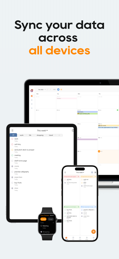 TimePlanner : Tasks & Habits - Interfaccia dell'app TimePlanner sincronizzata su MacBook, iPad, iPhone e Apple Watch.