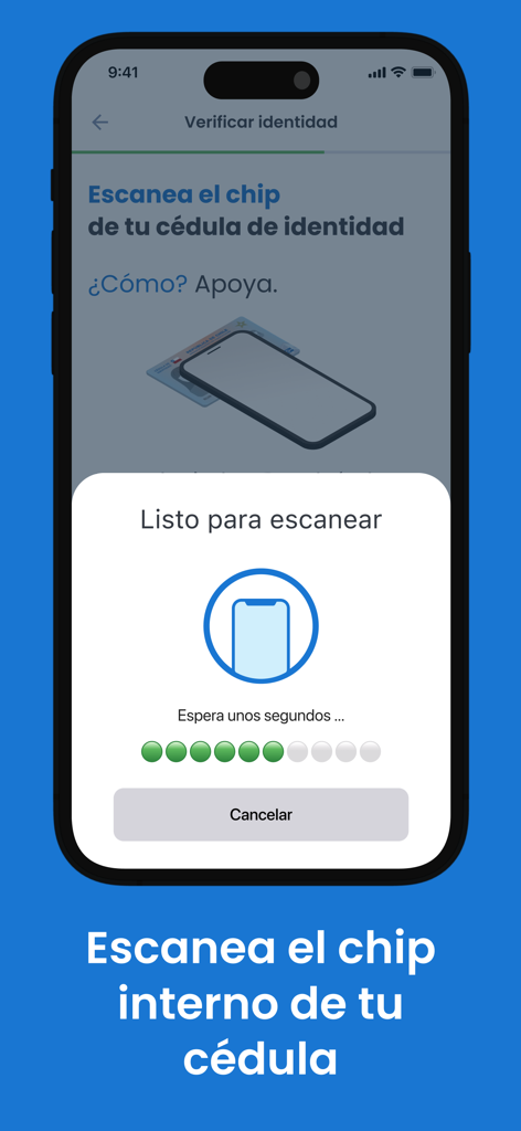 BICE ID - Tela do aplicativo BICE ID mostrando um smartphone digitalizando um chip de documento de identidade para verificação segura