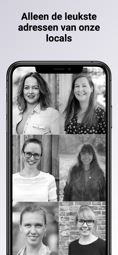 Time to Momo: stedentrips - Mobile screen showing black and white portraits of local city guides and experts