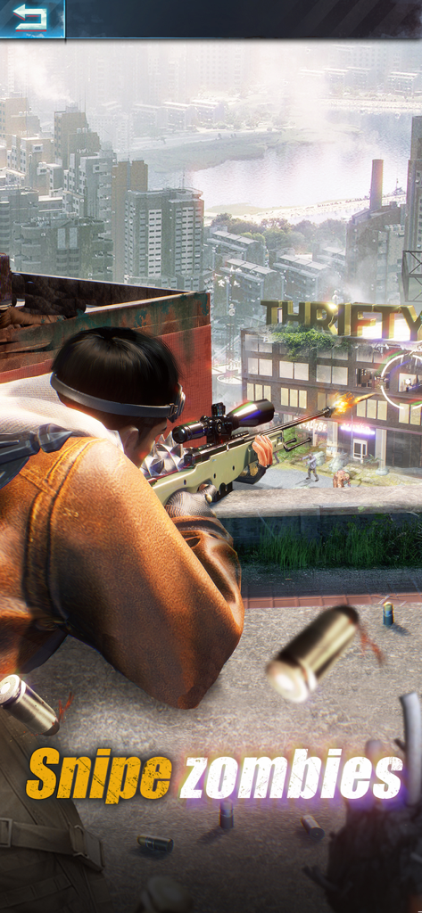A survivor aiming a sniper rifle at zombies from a rooftop in a post-apocalyptic city.
