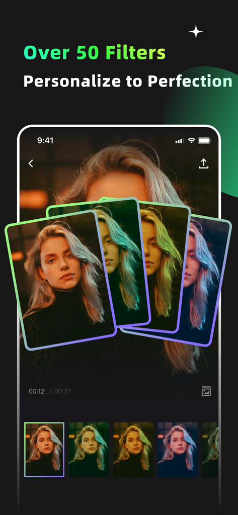 GIF Maker and Editor Pro interface displaying various photo filters and personalization options for creative editing