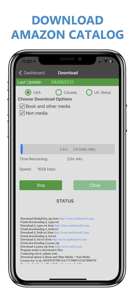Interfaz de la aplicación Scoutly que muestra la descarga del catálogo de precios de Amazon para exploración sin conexión.
