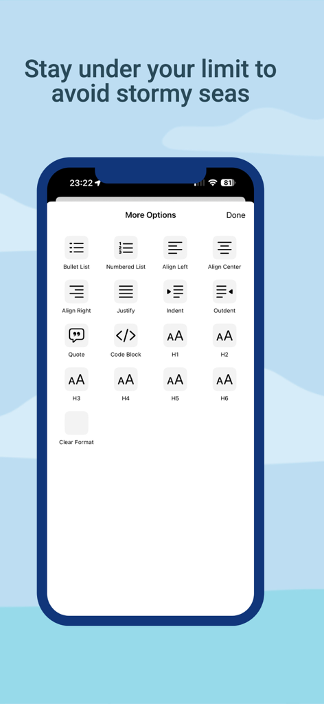 Mobile app interface displaying rich text formatting and header tools for blog post creation
