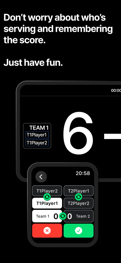 Matchkeeper - Pickleball - Matchkeeper Pickleball app showing score tracking on an Apple Watch and a digital scoreboard.