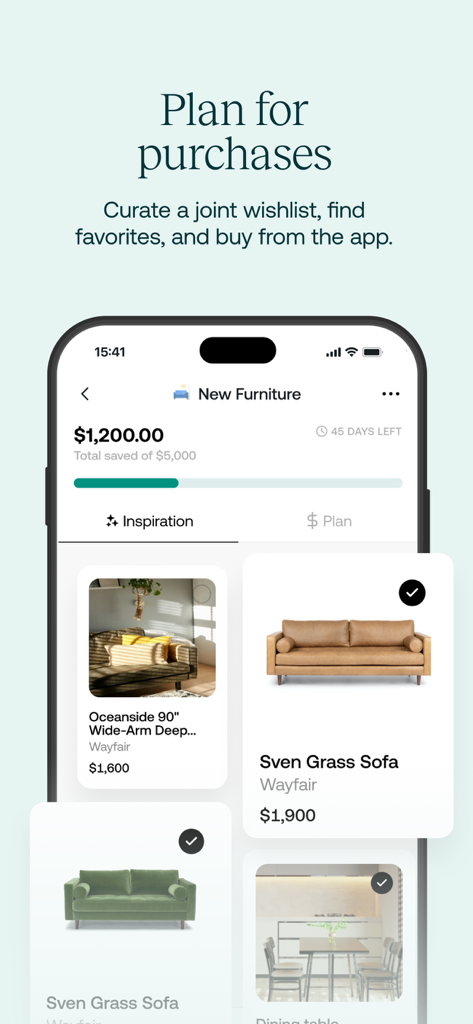 Tandem - Living Together - Tandem app interface showing a joint wishlist for couples to plan furniture purchases and track savings together.