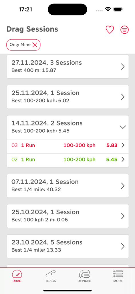 RaceBox - RaceBox app screen showing a list of drag racing sessions with performance metrics like quarter mile and hundred to two hundred kilometers per hour times