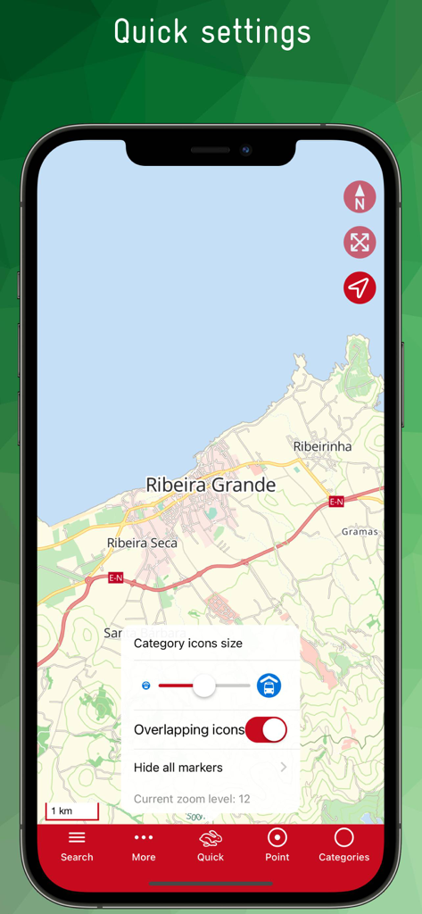 Interfaz del Mapa Offline de Azores que muestra configuraciones rápidas para el tamaño del icono y la personalización de marcadores