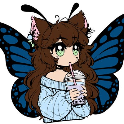a realistic butterfly/furry girl drinking boba