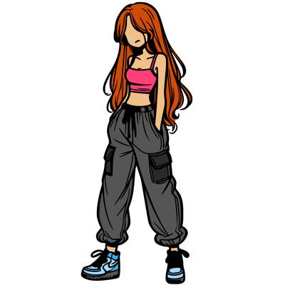 girl in baggy pants crop top and long hair