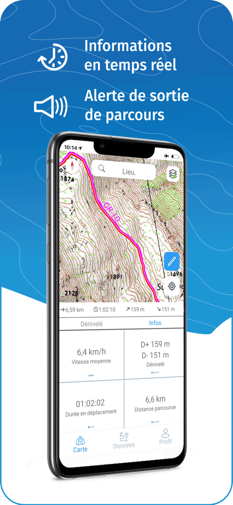 WeTrek app interface showing a topographical map with real-time hiking statistics and route tracking.