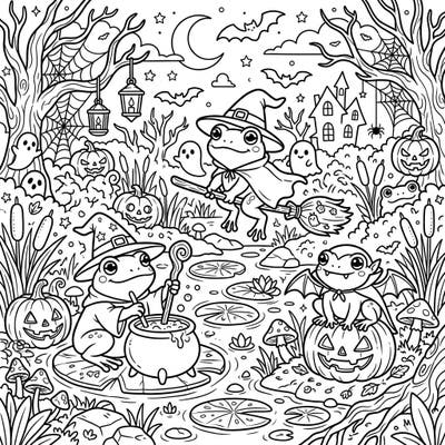 Get ready for a wickedly fun coloring adventure with our Halloween Frogs design! This delightful page features adorable witch and vampire frogs celebrating the spooky season in a magical wetland.