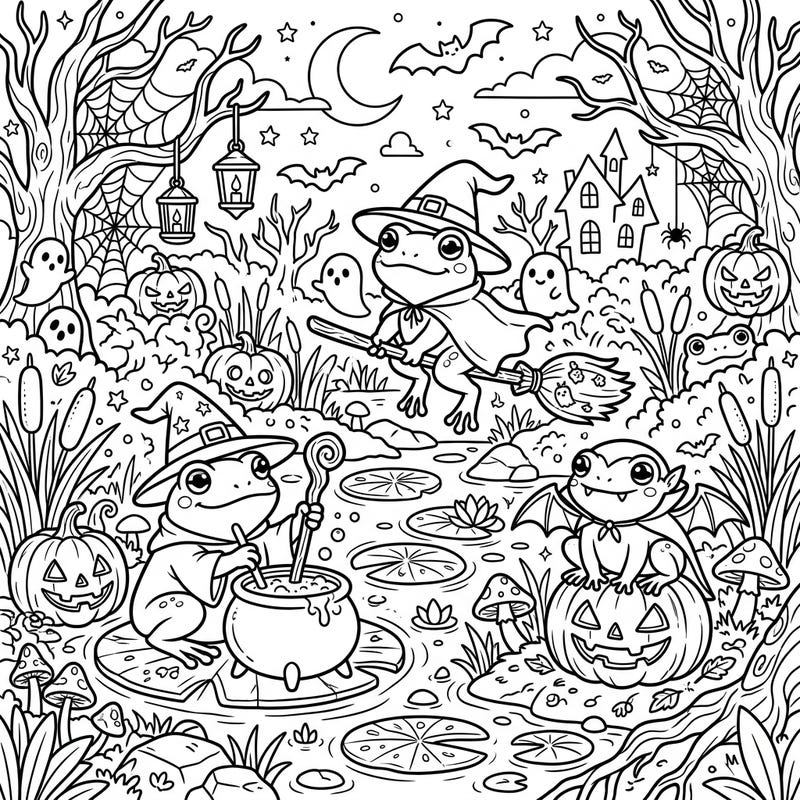 Get ready for a wickedly fun coloring adventure with our Halloween Frogs design! This delightful page features adorable witch and vampire frogs celebrating the spooky season in a magical wetland.