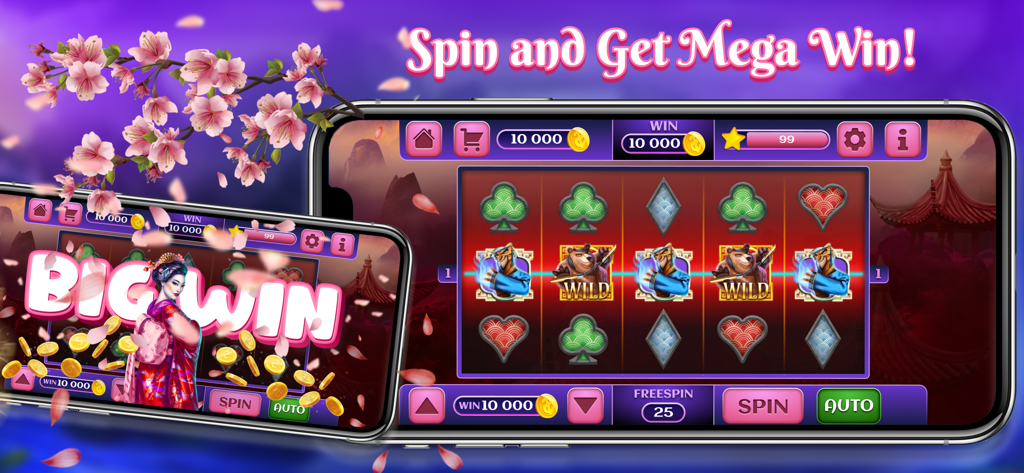 Sakura Slot: Lucky Magic Lady - Mobile gameplay of Sakura Slot showing Japanese themed slot machines and a big win screen.