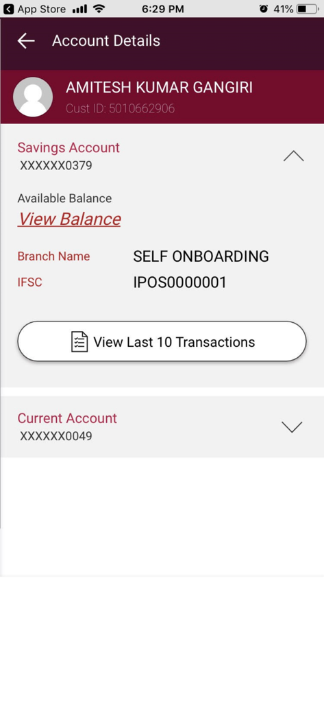 Account details screen in the IPPB mobile banking app showing savings and current account summaries