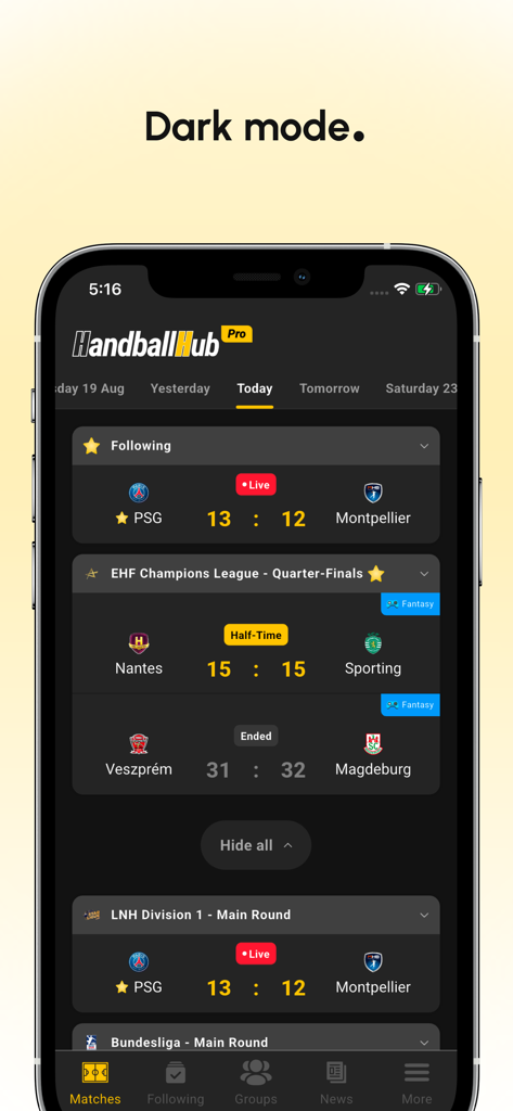 Handball Hub app interface in dark mode showing live handball scores and match results