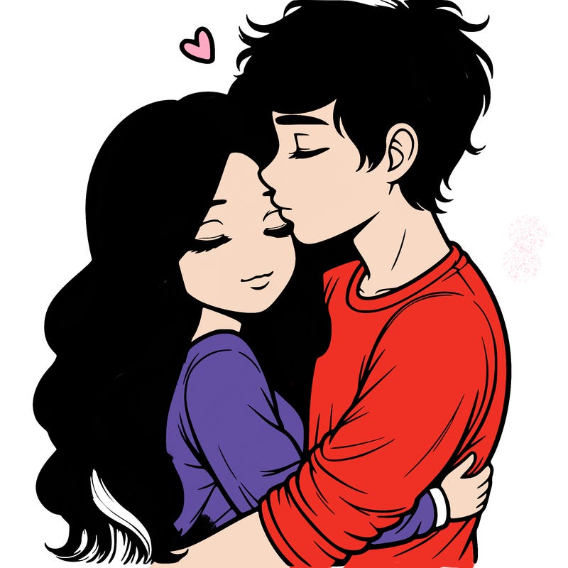 a realistic couple boy and girl hugging and kissing