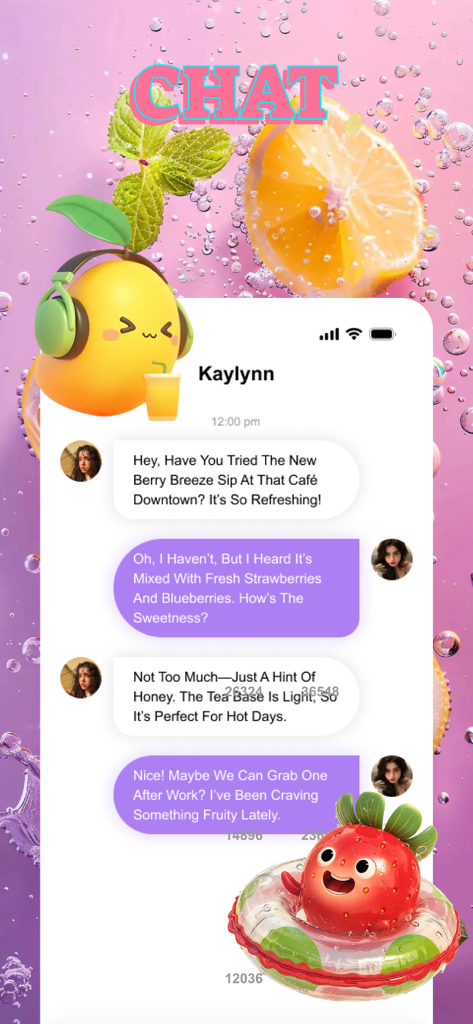 Mobile chat screen of Cagic app showing a conversation about fruit tea recipes with cute fruit characters.