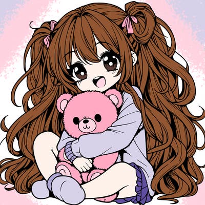 manga girl, long curly hair, happy, cuddling a teddy bear