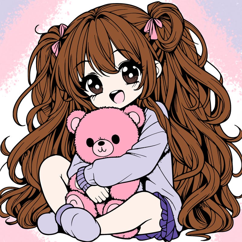 manga girl, long curly hair, happy, cuddling a teddy bear