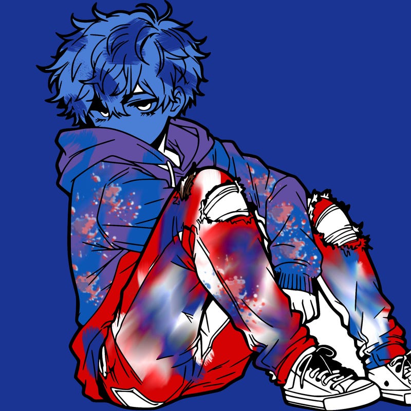 a male hoddie ripped jeans messy hair anime