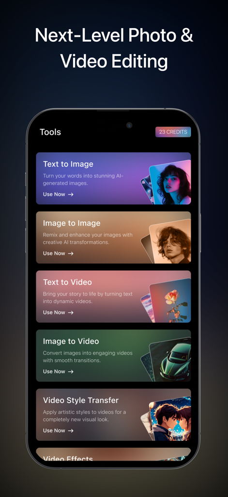 AI Video Maker - ChromaStudio - Interface of the ChromaStudio app displaying various AI creative tools including text to video and image to video options.