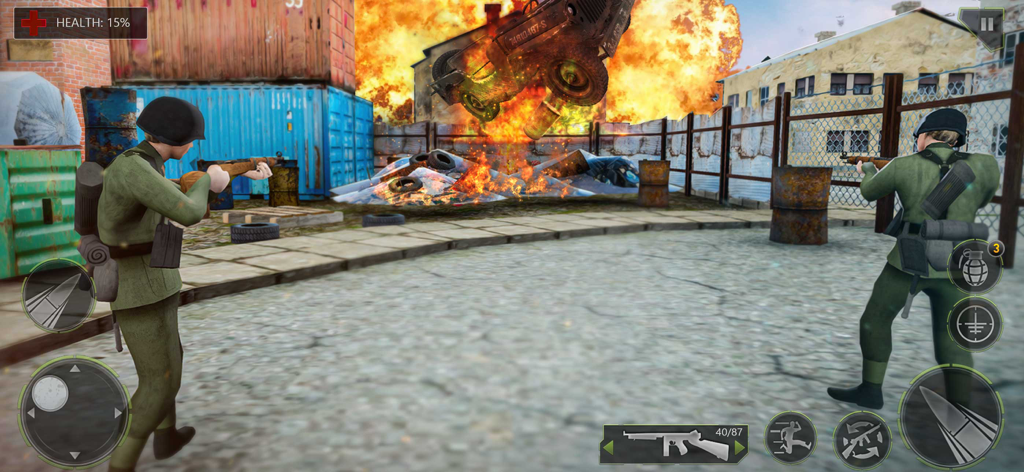 Two soldiers in a WW2 shooter game with a massive explosion in the background