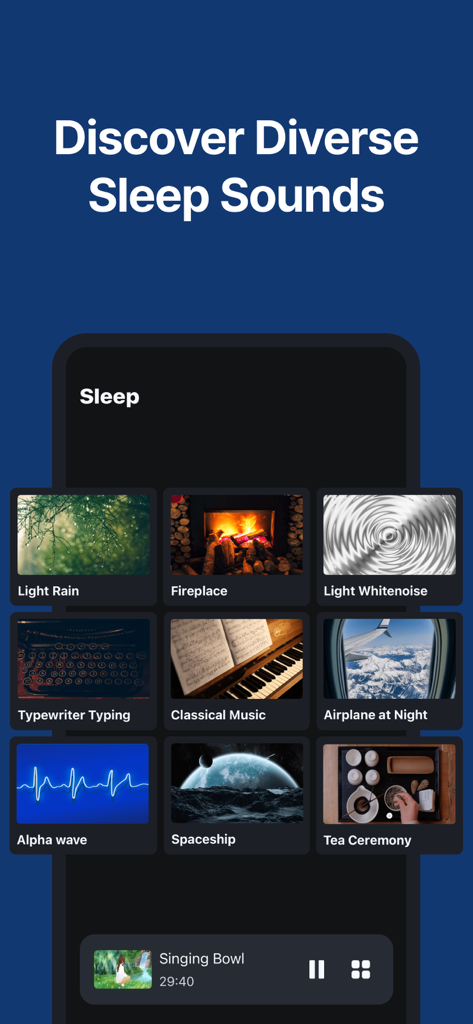 Alarmy app interface showing a diverse selection of relaxing sleep sounds like light rain and white noise
